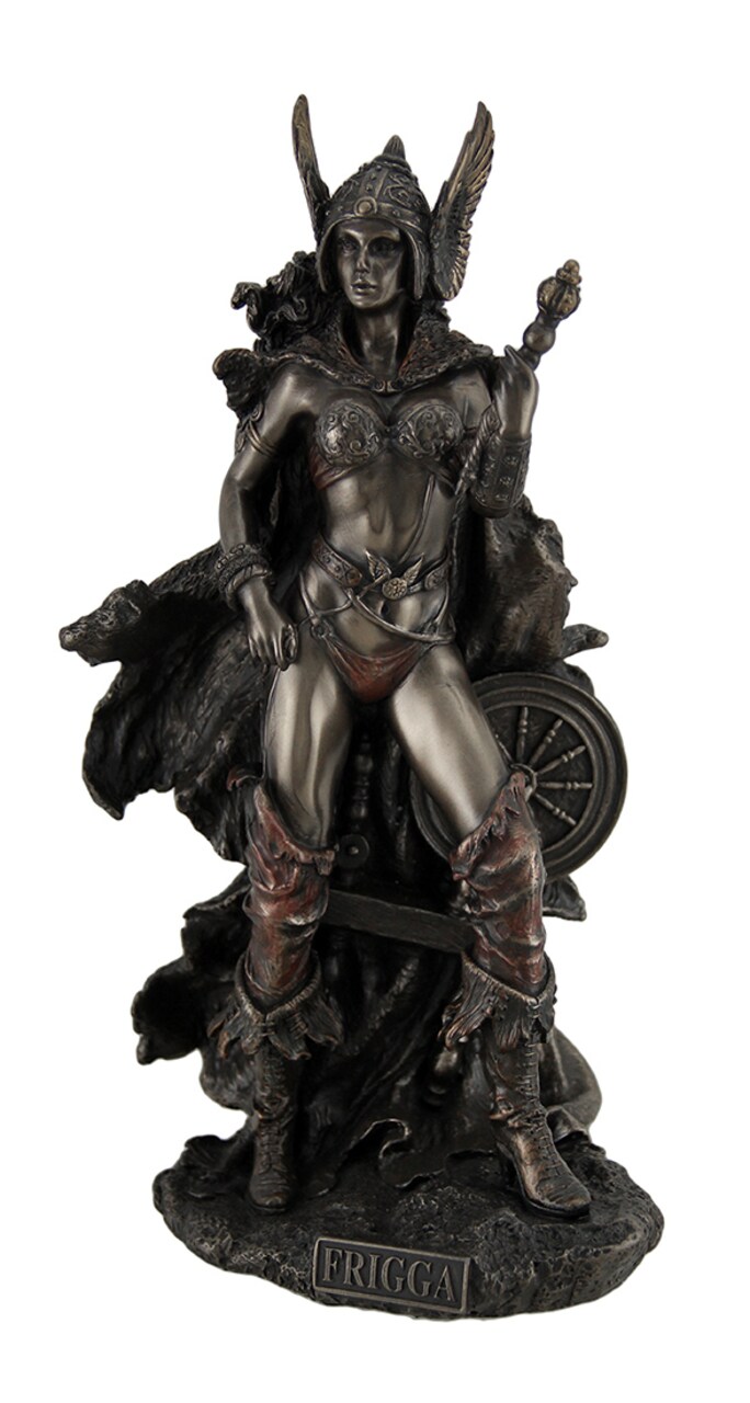 Frigga Norse Goddess of Love Marriage and Destiny Standing Near Spindle Statue